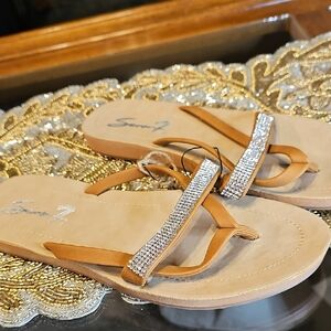 Seven7 Tan Sandals with Rhinestone Straps